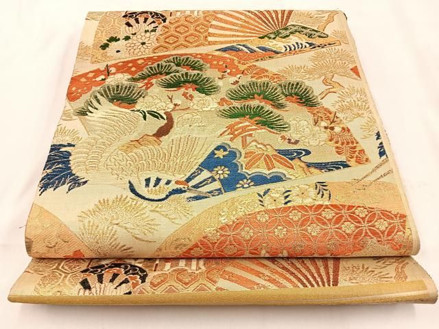 平和屋着物◎アンティーク 大正ロマン 丸帯 唐織 大嶋織 飛鶴扇面花文