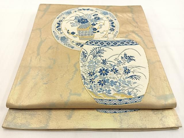 平和屋着物◎六通柄袋帯 唐織 陶器花文 金糸 引箔 正絹 逸品