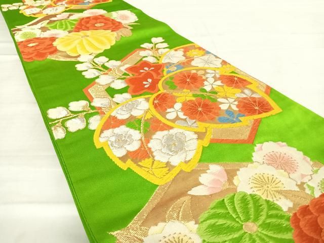 平和屋着物◎全通柄袋帯 横段花蝶文 正絹 逸品 AABA2167yx