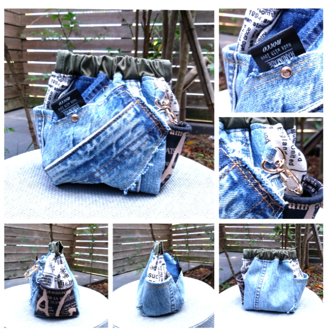 🆕バネポーチ2点set №819【DENIM✖️ヒョウ柄巾着サイドポケット付