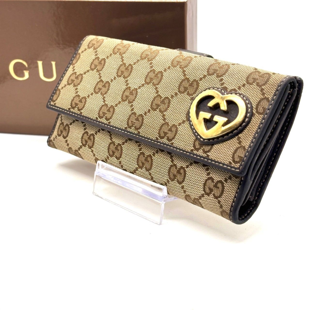 甘さ控えめハート✨ GUCCI グッチ 二つ折り財布 GGキャンバス ラブリー