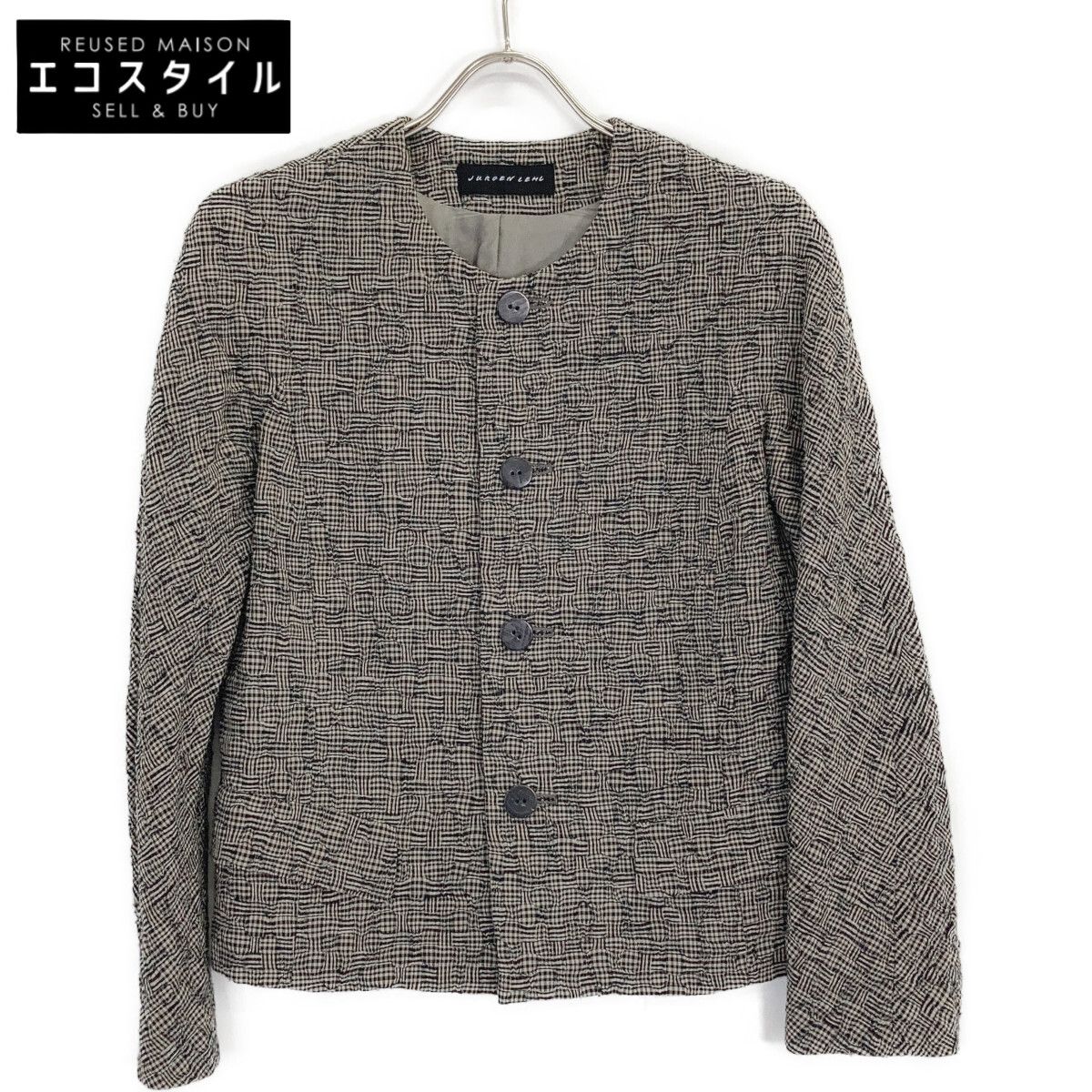 JURGEN LEHL ヨーガンレール ｸﾞﾚｰ系 ﾁｪｯｸ柄 ｼﾙｸ×ｳｰﾙ ﾉｰｶﾗｰ ｼﾞｬｹｯﾄ