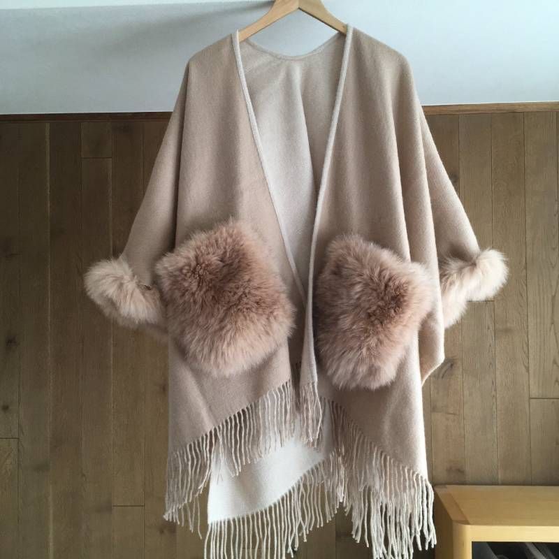 美品 CASHMERE カシミヤ100% フォックス ファー トリミング ポンチョ