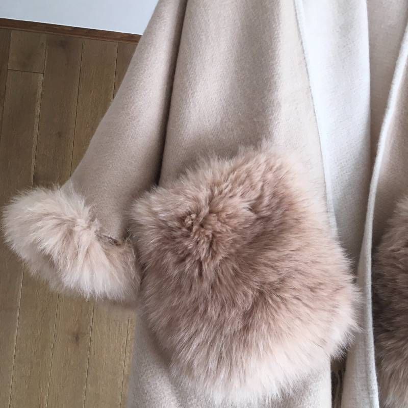 新品　カシミアフォックスファートリミングポンチョ 美品 CASHMERE カシミヤ100% フォックス ファー トリミング ポンチョ
