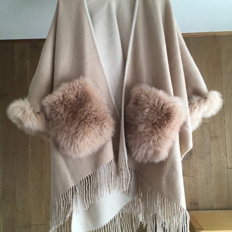 新品　カシミアフォックスファートリミングポンチョ 美品 CASHMERE カシミヤ100% フォックス ファー トリミング ポンチョ