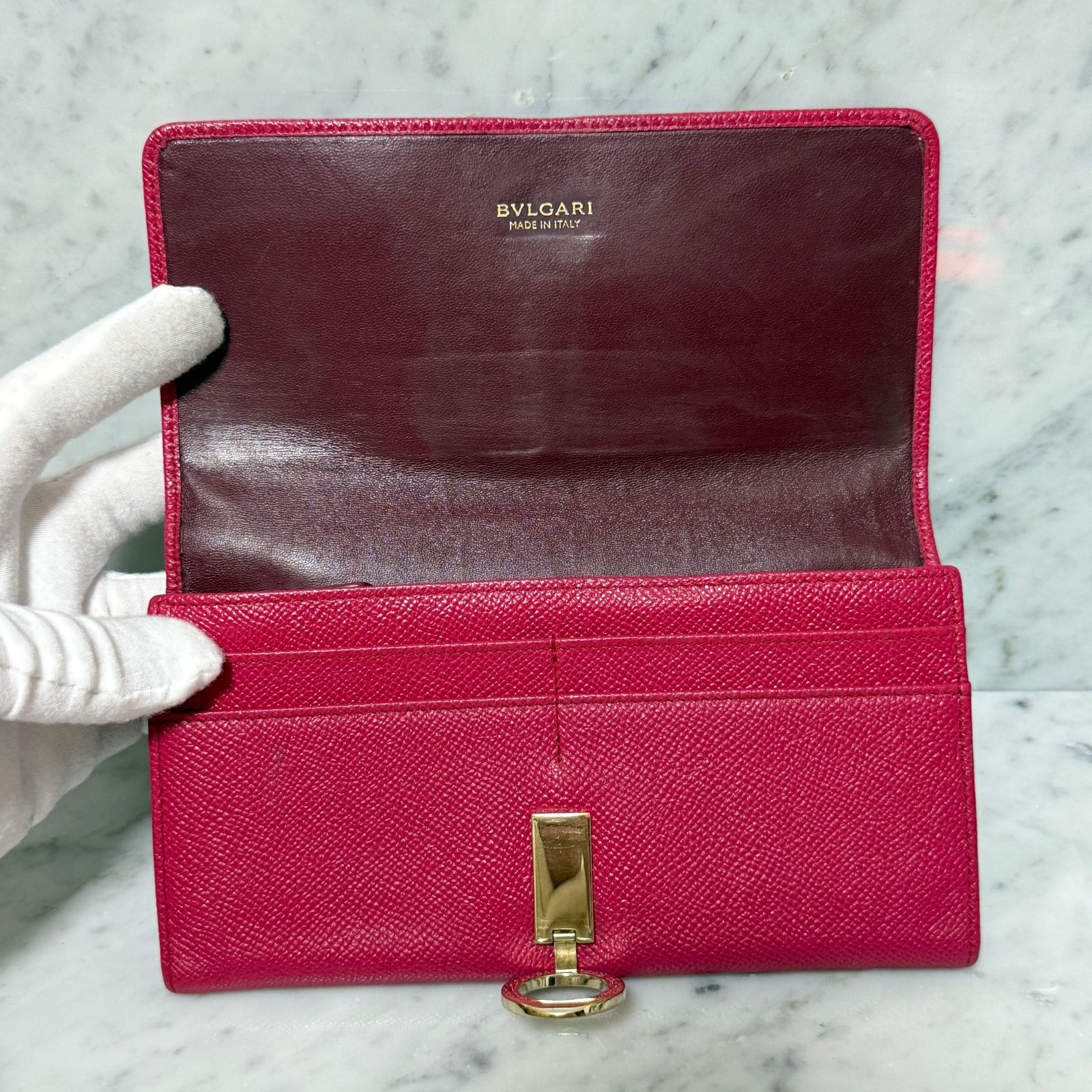 BVLGARI ブルガリ 長財布 ピンク 本革 レザー ゴールド 金 ロゴ 