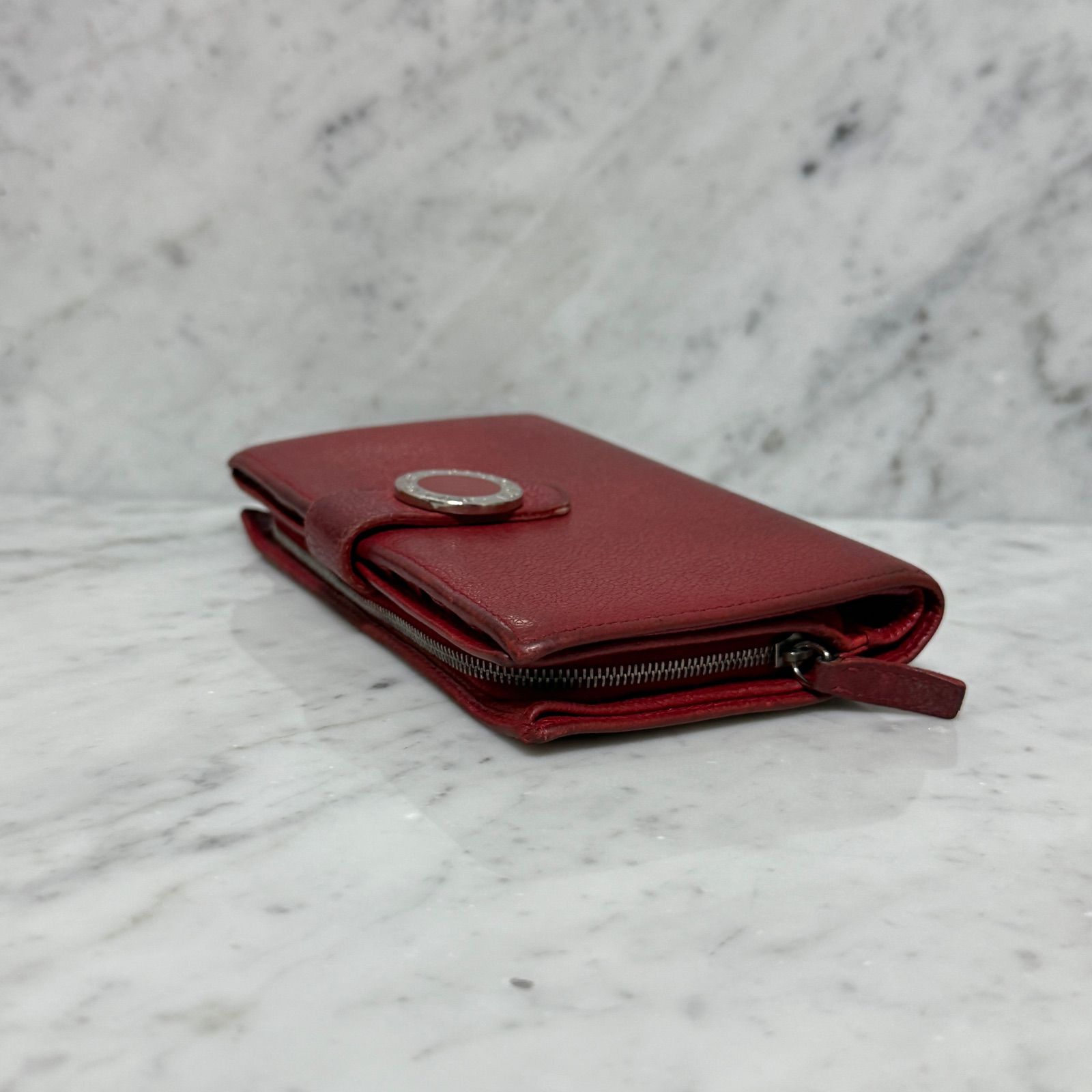 BVLGARI ブルガリ 二つ折り財布 本革 レザー レッド 赤 ジップ リング