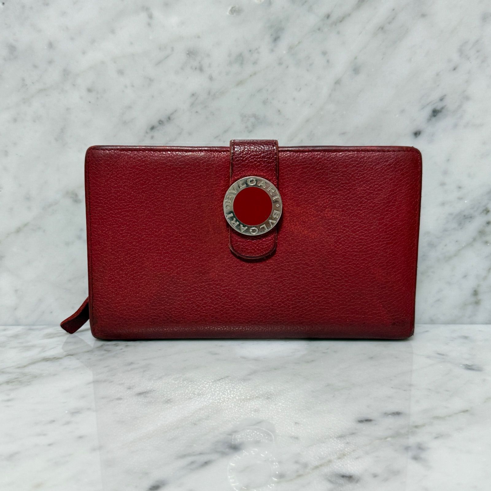 BVLGARI ブルガリ 二つ折り財布 本革 レザー レッド 赤 ジップ リング