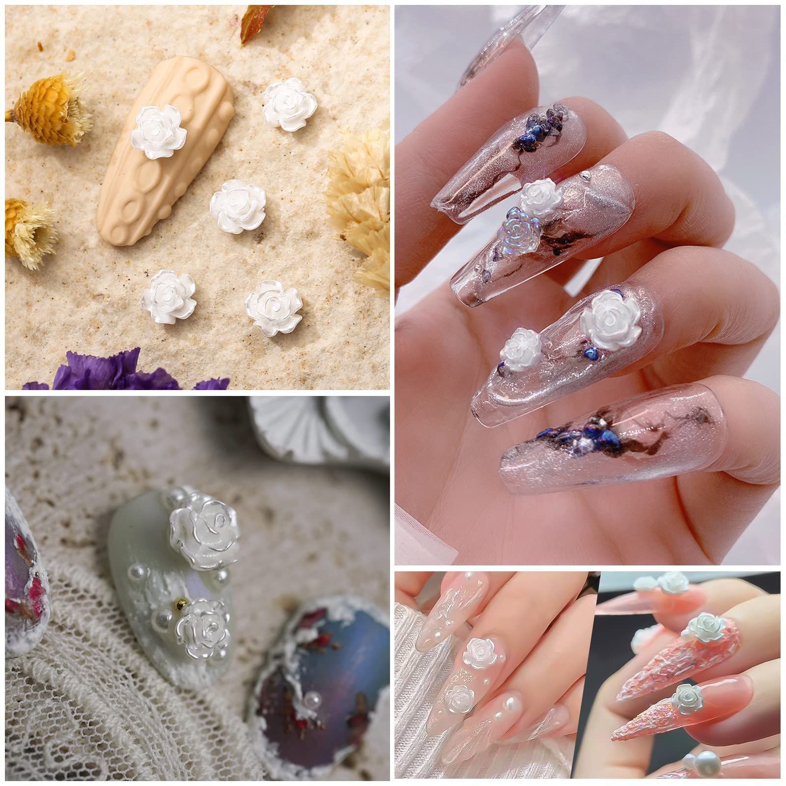 ネイルパーツ 花 200個セット 立体 白い花 パール風 バラ カメリア 椿