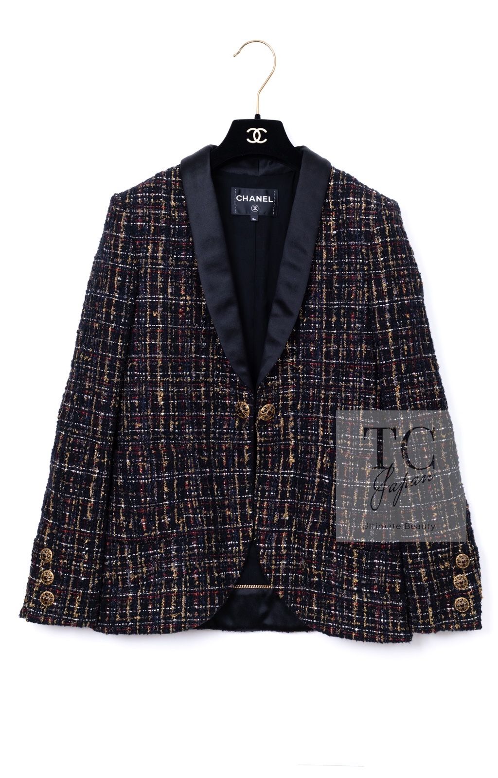 シャネル ジャケット CHANEL ブラック ゴールド ウール モヘア シルク