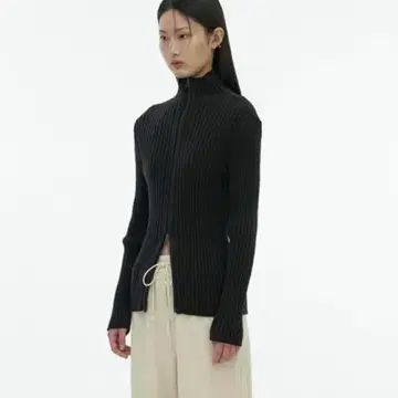 AMOMENTO アモーメント リブド ハイネック カーディガン ブラック