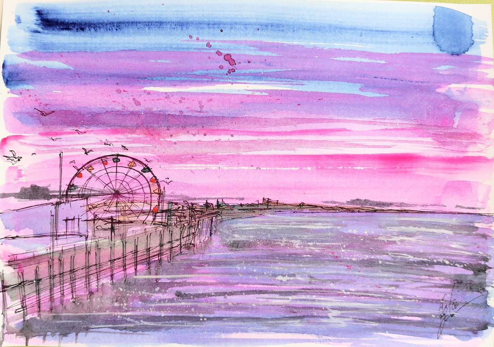 原画#137 サンタモニカ 海 水彩画 ドローイング インテリア アート