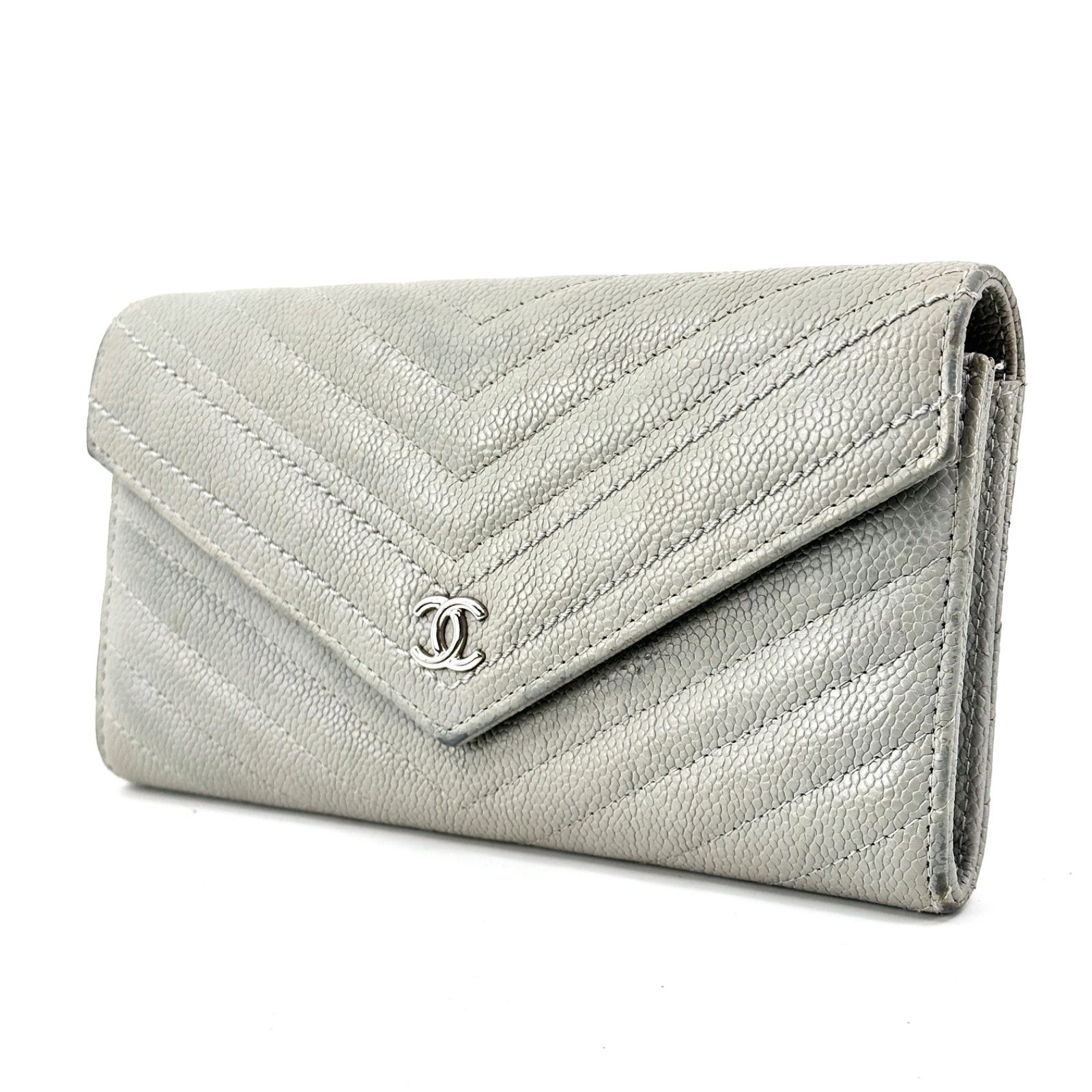 CHANEL（シャネル）】 シェブロン Vステッチ 長財布（グレー／キャビア