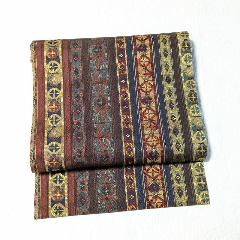 ほぼ未使用☆名古屋帯 幾何学模様 ミックスカラー 名古屋仕立て 正絹