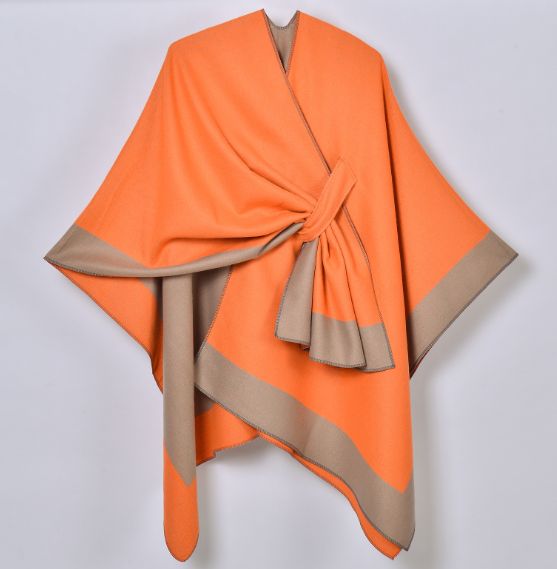 オレンジベージュ】ポンチョ 大判 羽織 ショール レディース ケープ