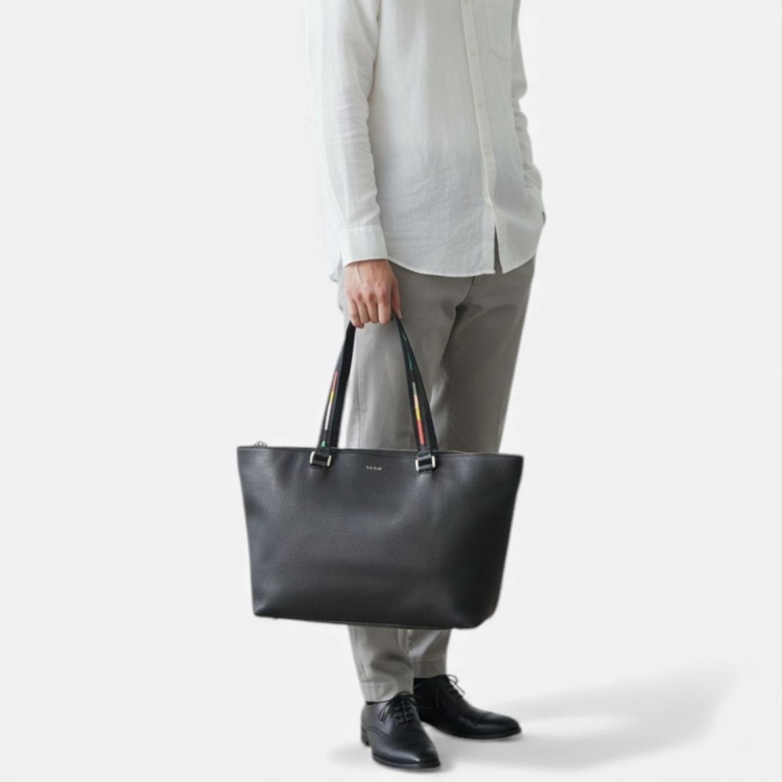 ポールスミス　インレイドマルチストライプハンドル　トートバッグ　ブラックビジネス Paul Smith ポールスミス インレイドストライプハンドル レザー トート