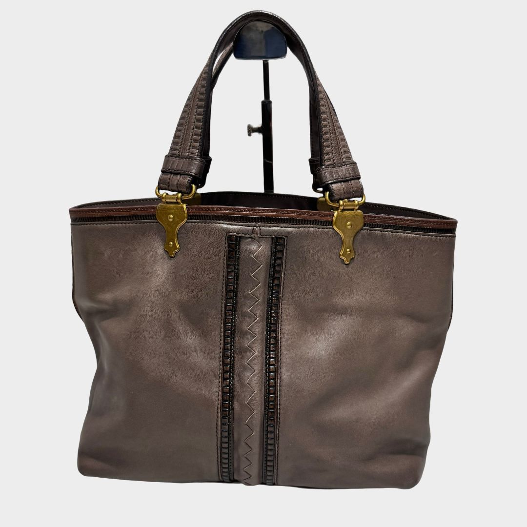 BOTTEGA VENETA Leather Tote Bag Brown Vintage Gold Hardware Made