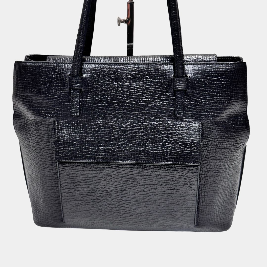 【美品】ロエベ ハンドバッグ フォーマル ロゴ型押し ブラック カーフレザー LOEWE Black Leather Tote Bag Front Pocket Handbag 超美品！LOEWE