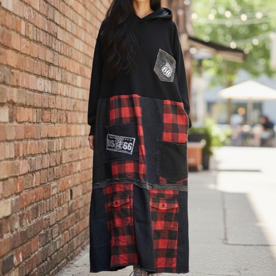 L～LLブラックパーカー×赤チェック・デニムパッチワーク 古着リメイク