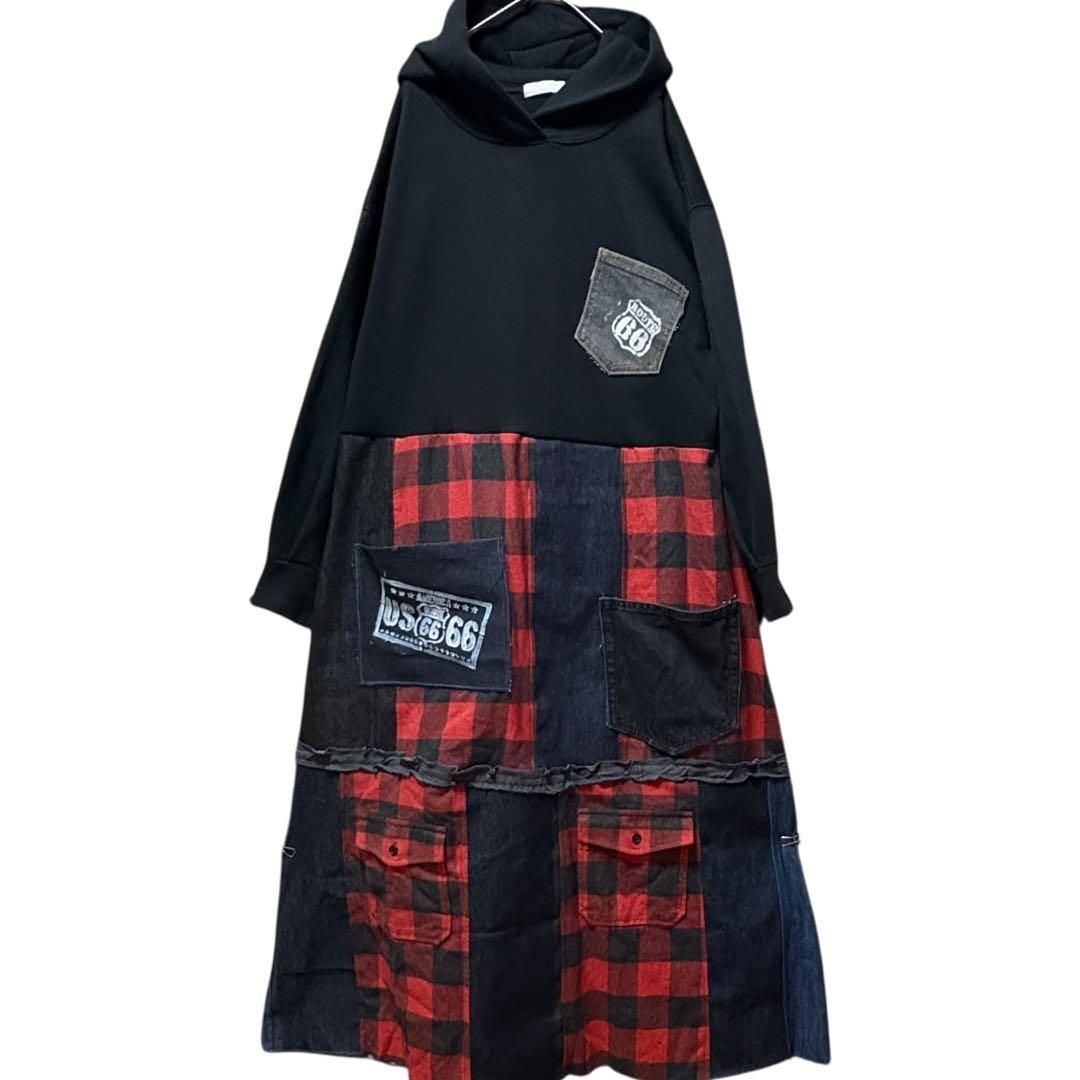 L～LLブラックパーカー×赤チェック・デニムパッチワーク 古着リメイク