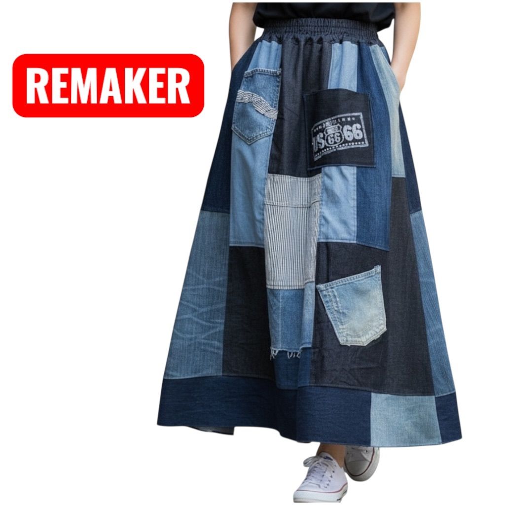 パッチワーク◆一点物9古着◆デニムリメイクスカート 古着デニムリメイク パッチワーク ロングスカート｜90cm丈｜マキシ丈