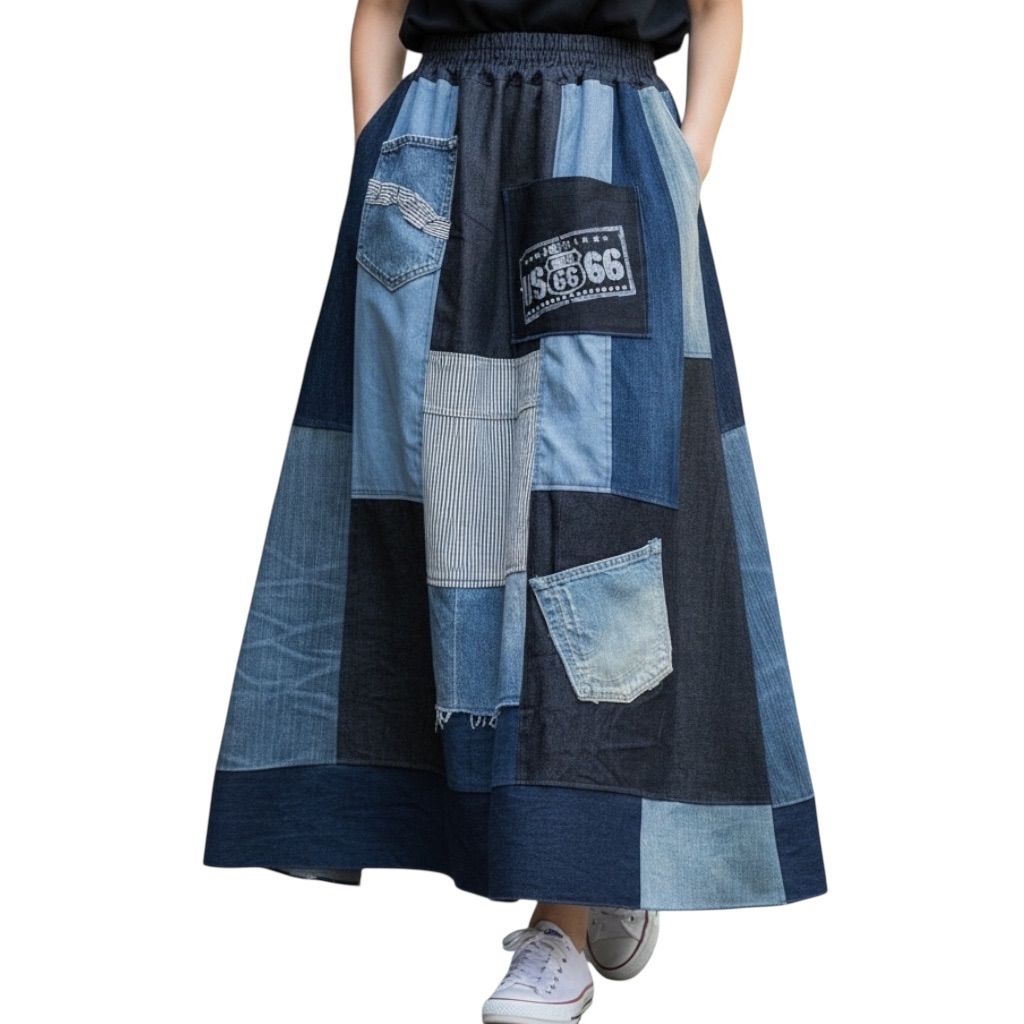 古着デニムリメイク パッチワーク ロングスカート｜90cm丈｜マキシ丈