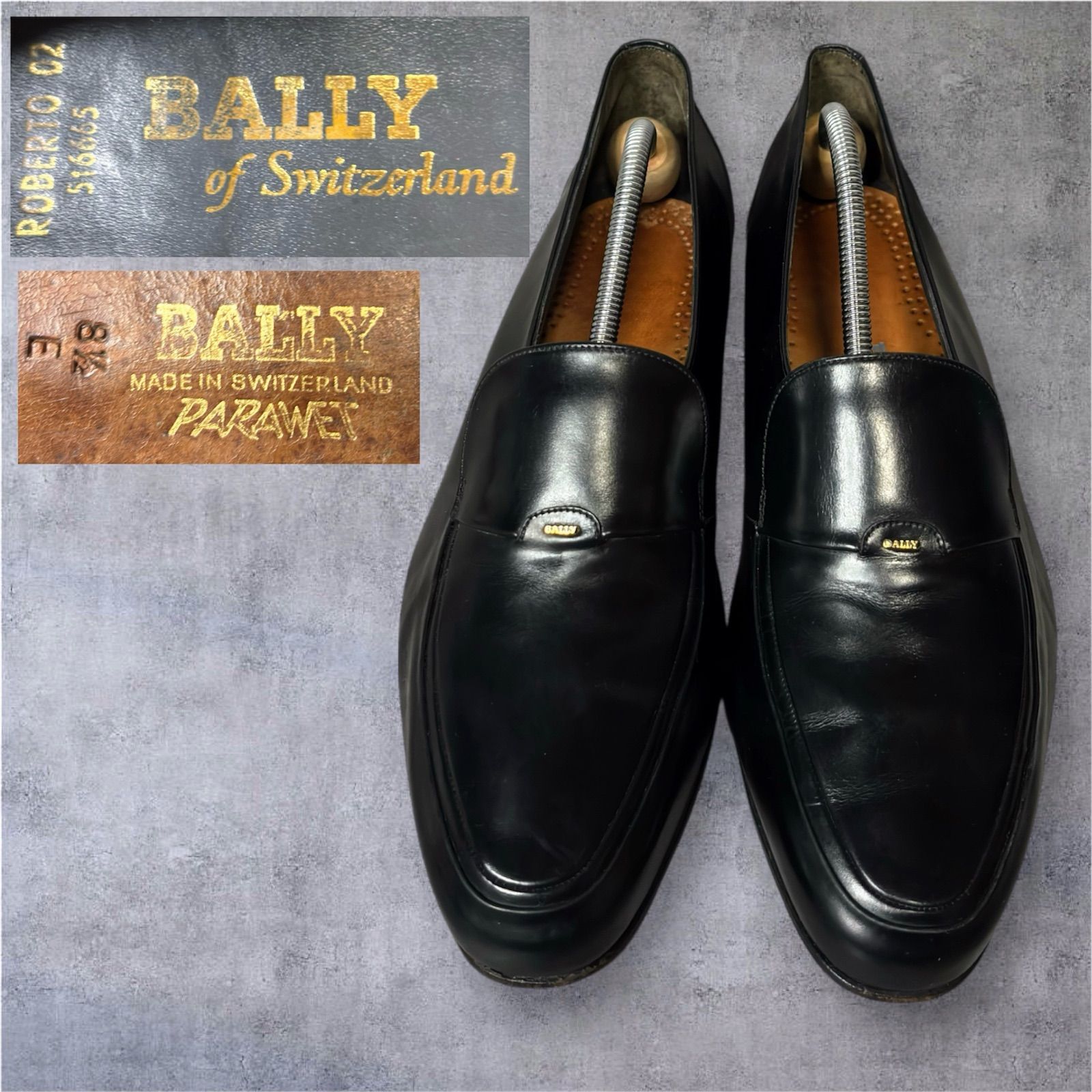 美品 BALLY ローファー 23cm 黒 フォーマル　ロゴ 極美品】BALLY バリー ローファー 8.5E 黒 スイス製 PARAWET パラ
