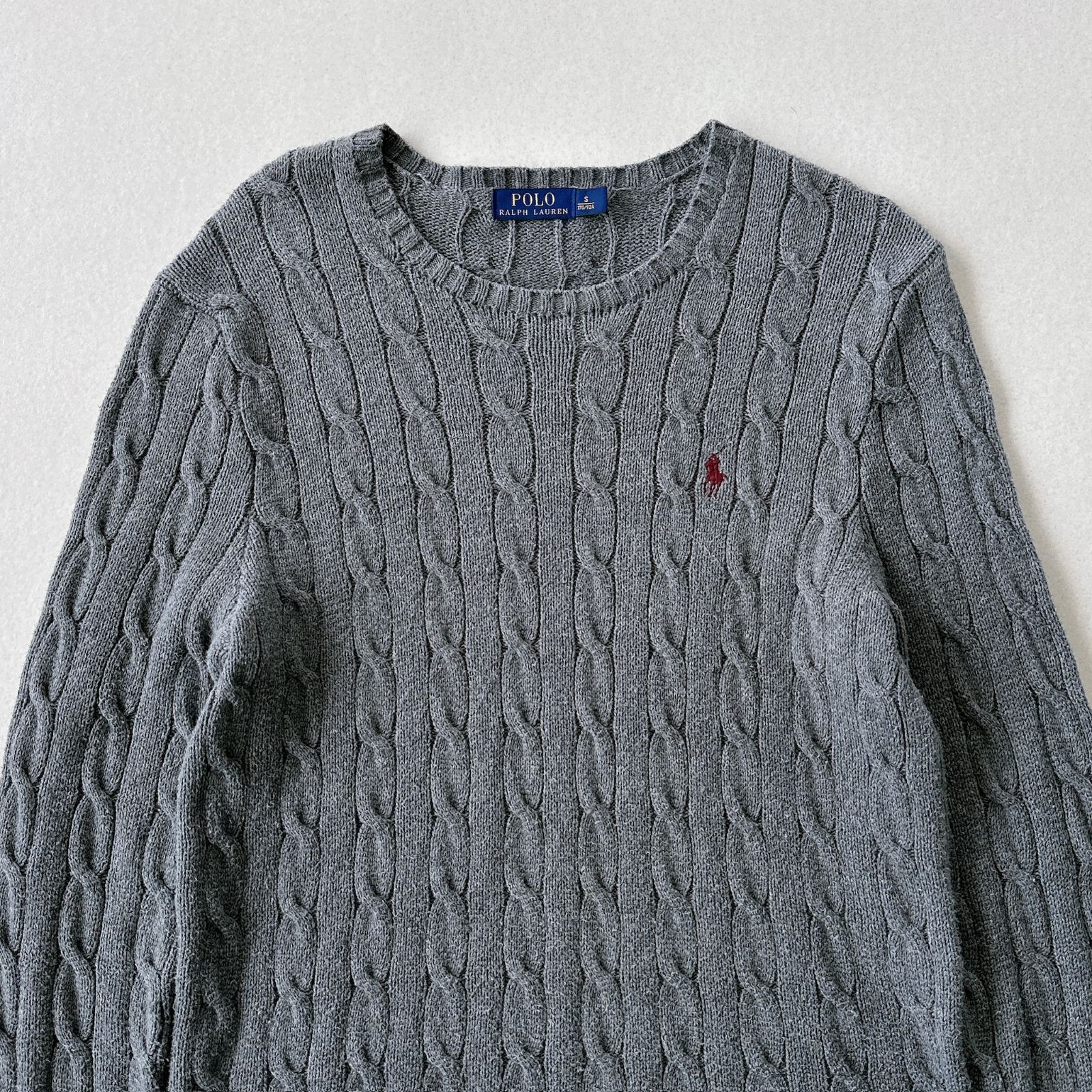 定番】ラルフローレン ケーブル コットンニット グレー S ポニー刺繍 