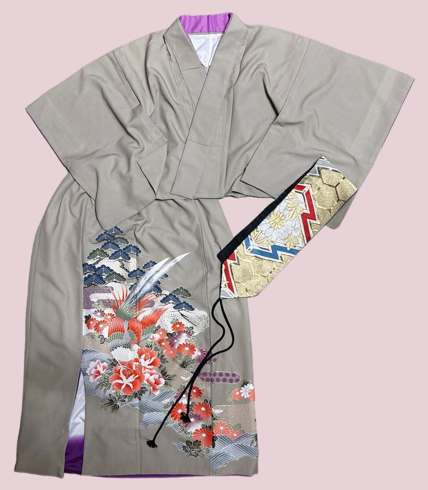 和洋折衷コーデ| 鶴と牡丹の華やぎ洗える着物セットアップ