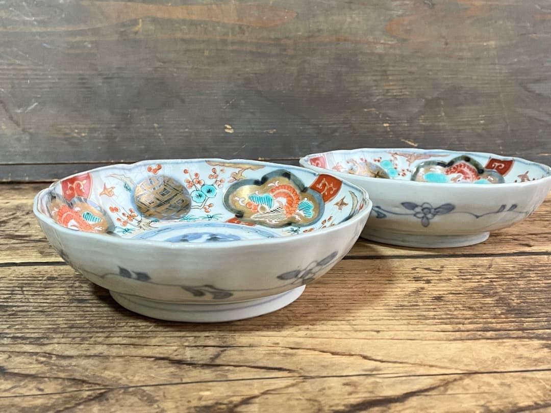 能登蔵出し 古伊万里 色絵 金彩 窓絵文 輪花皿 2 客/ 深皿 膾皿 - メルカリ