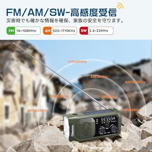 2025年新モデル】Greeshow 防災ラジオ 多機能 手回し充電 FM/AM/SW対応