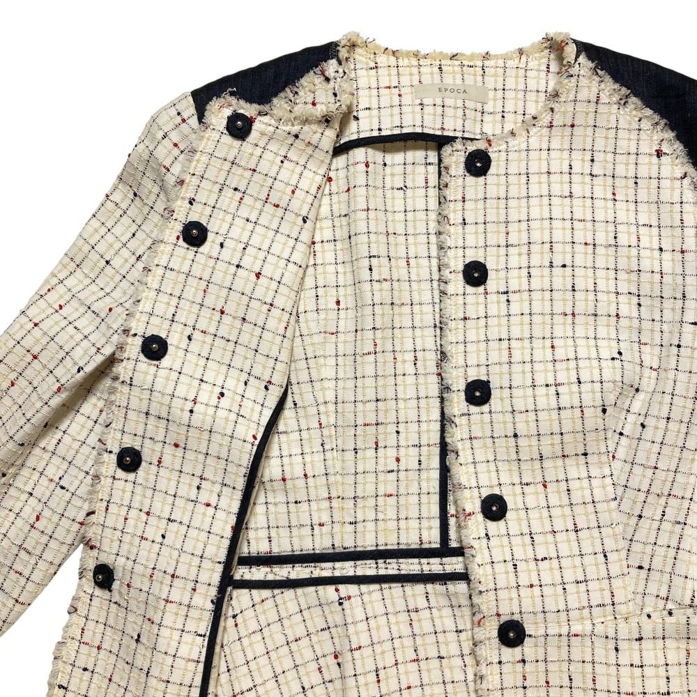 良品 EPOCA エポカ ツイード ノーカラージャケット 40 ホワイト