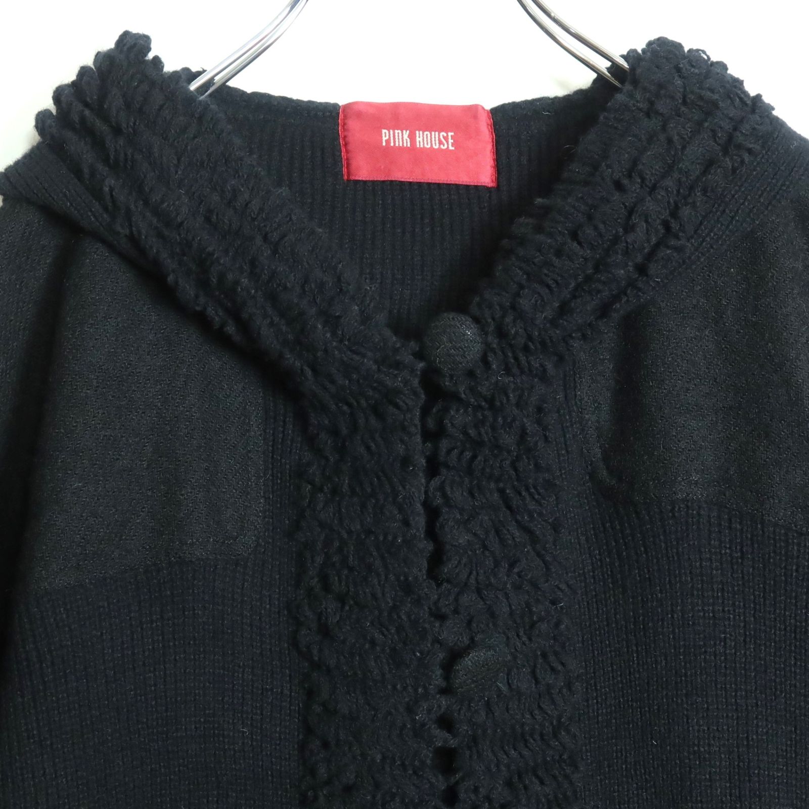 新品・未使用♡ PINK HOUSE フード付きくまさん ニット ロングコート ピンクハウス☆くまフェイス&フリンジ♪ニットコート フーディ 黒系