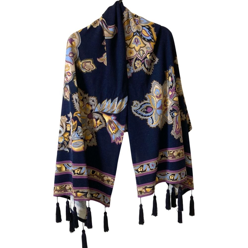 美品 LEONARD レオナール フラワープリント ウール シルク フリンジ