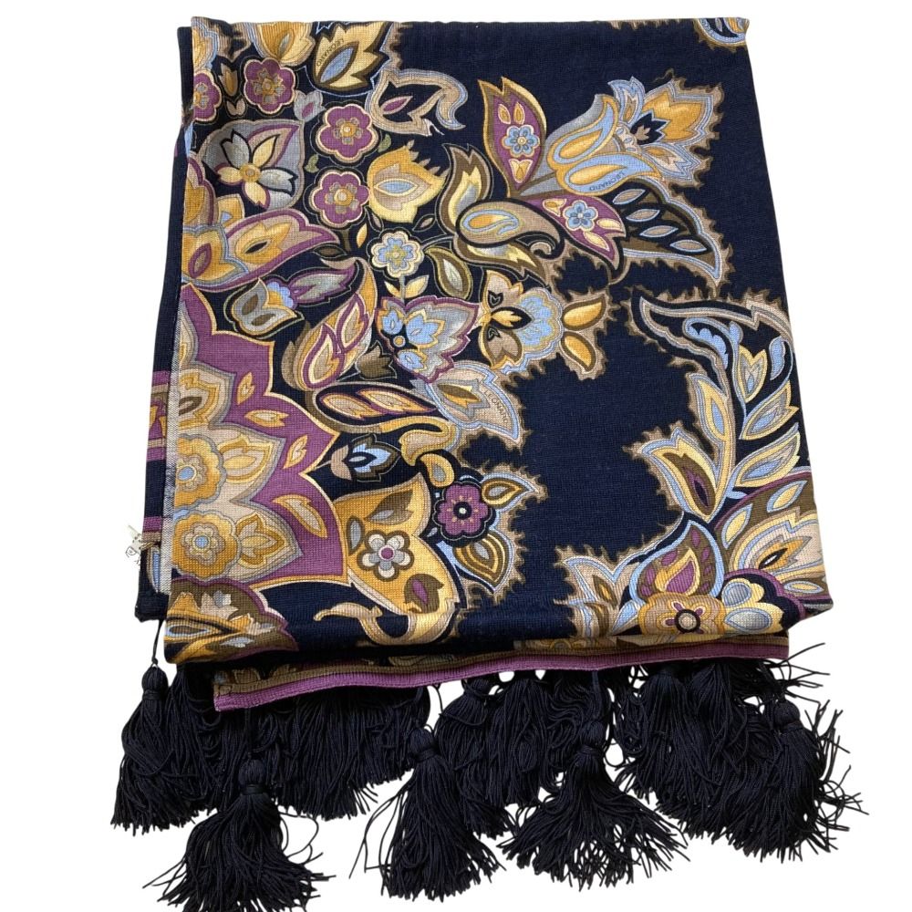 美品✨️レオナール●ストール●シルクウール●総柄●ボタニカル●フリンジ●ネイビー 美品 LEONARD レオナール フラワープリント ウール シルク フリンジ