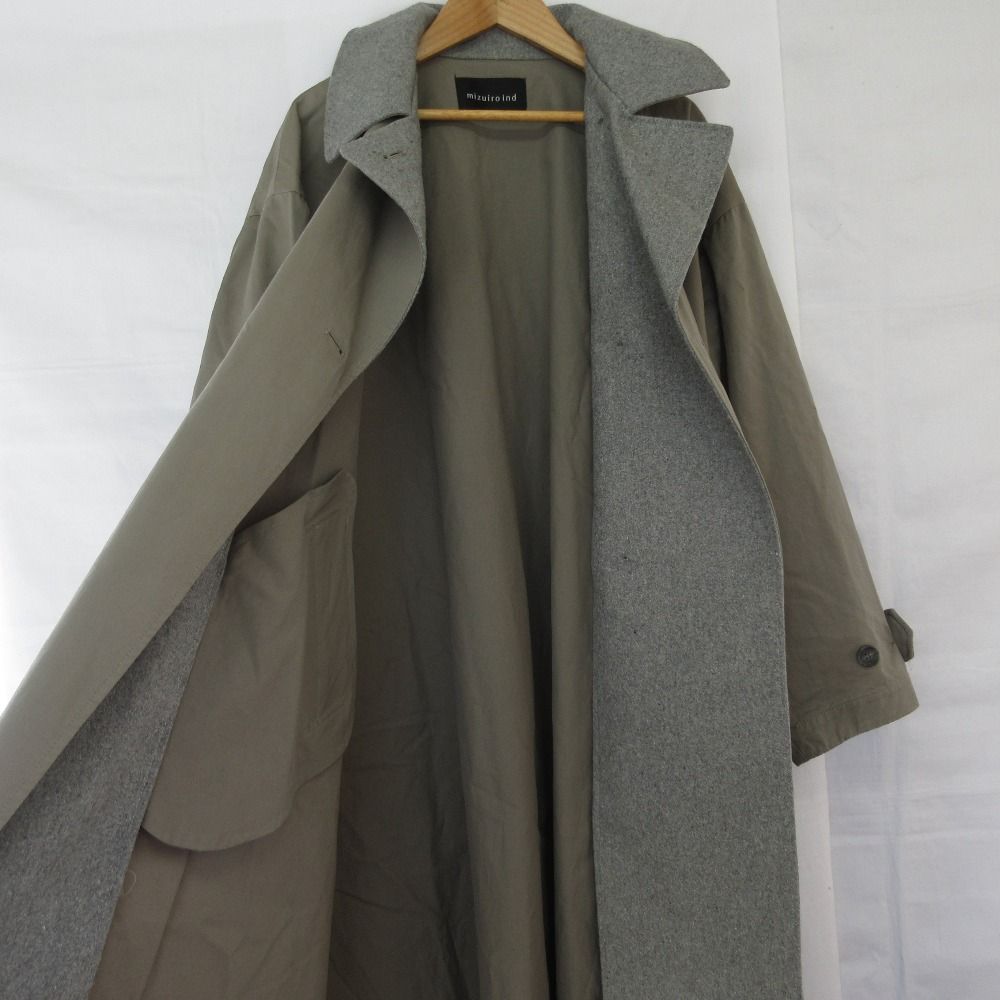 美品 mizuiro ind ミズイロインド 異素材コンビ ロングコート カーキ
