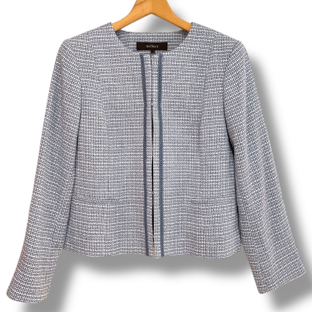 未使用タグ付 リフレクト ノーブルツイードジャケット ラメ ネイビー系 11 フォーマル/セットアップ可】ツイードジャケット（ノーカラー