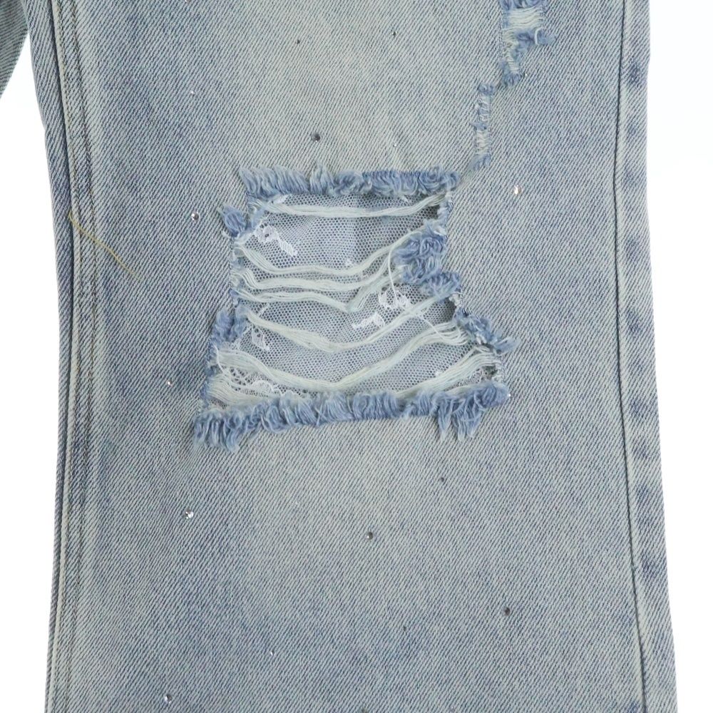 M me eme (エムミーエメ) SIDE RIBBON STRAIGHT DENIM ダメージ加工