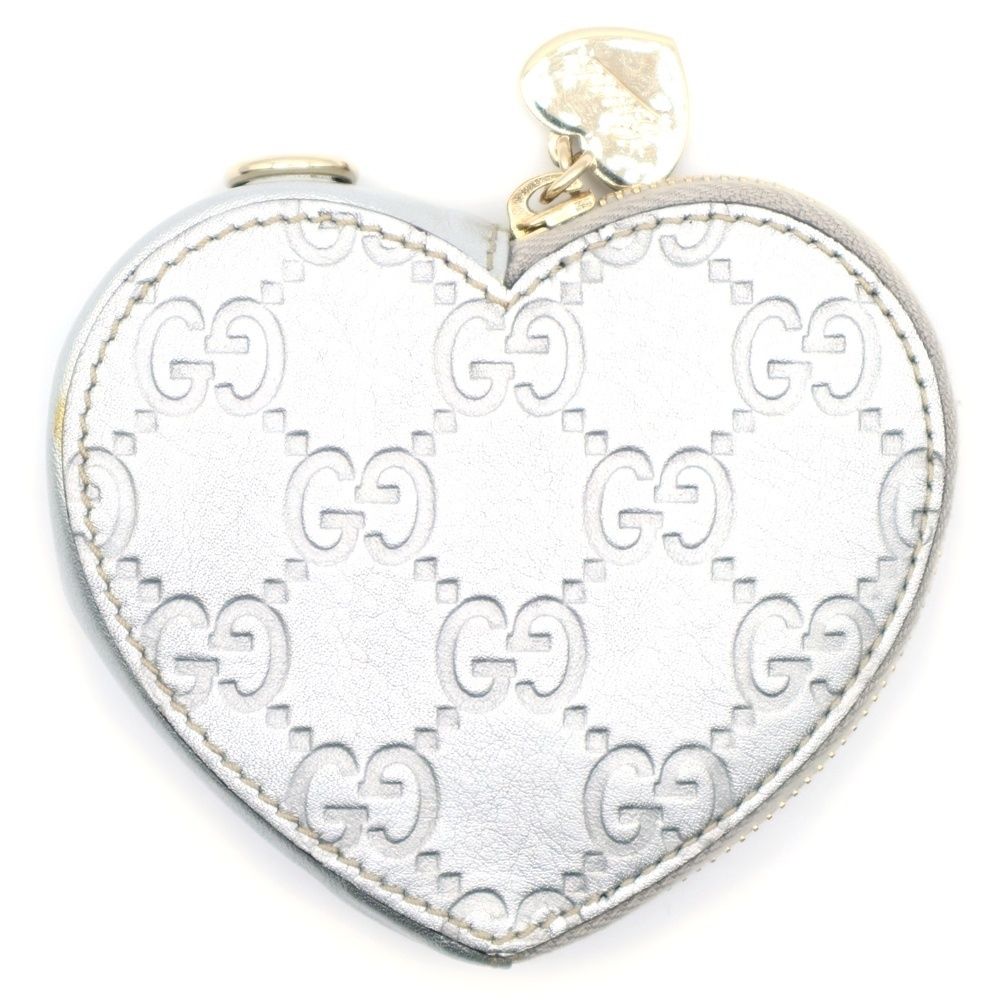 GUCCI (グッチ) GGシマ ハート コインケース シルバー レザー 小銭入れ