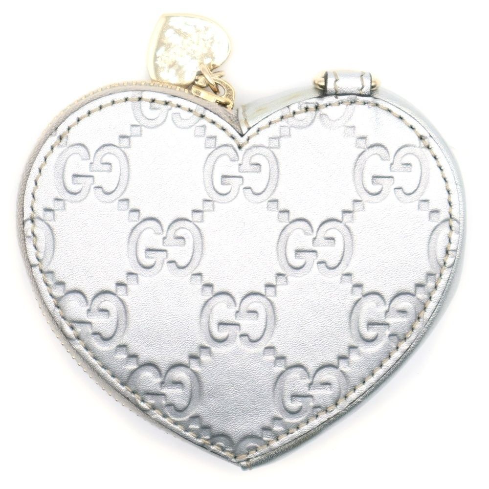 GUCCI (グッチ) GGシマ ハート コインケース シルバー レザー 小銭入れ
