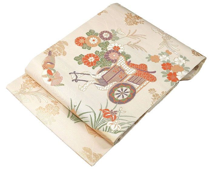 名古屋帯 未使用 正絹 花鳥 御所車 名古屋帯 未着用 美品 新古品 九寸