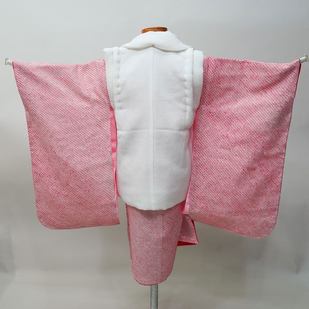 ピンク総絞り被布♡七五三　3歳　女の子　フルセット　一式　ピンク系　正絹 七五三 三歳 女児 正絹 総絞り 被布着物フルセット ピンク×白色 祝着