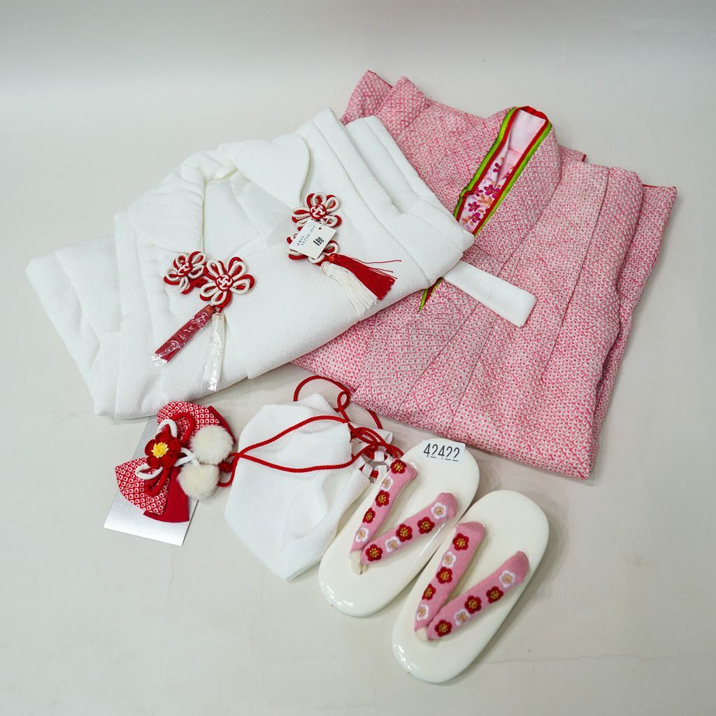 七五三 三歳 女児 正絹 総絞り 被布着物フルセット ピンク×白色 祝着