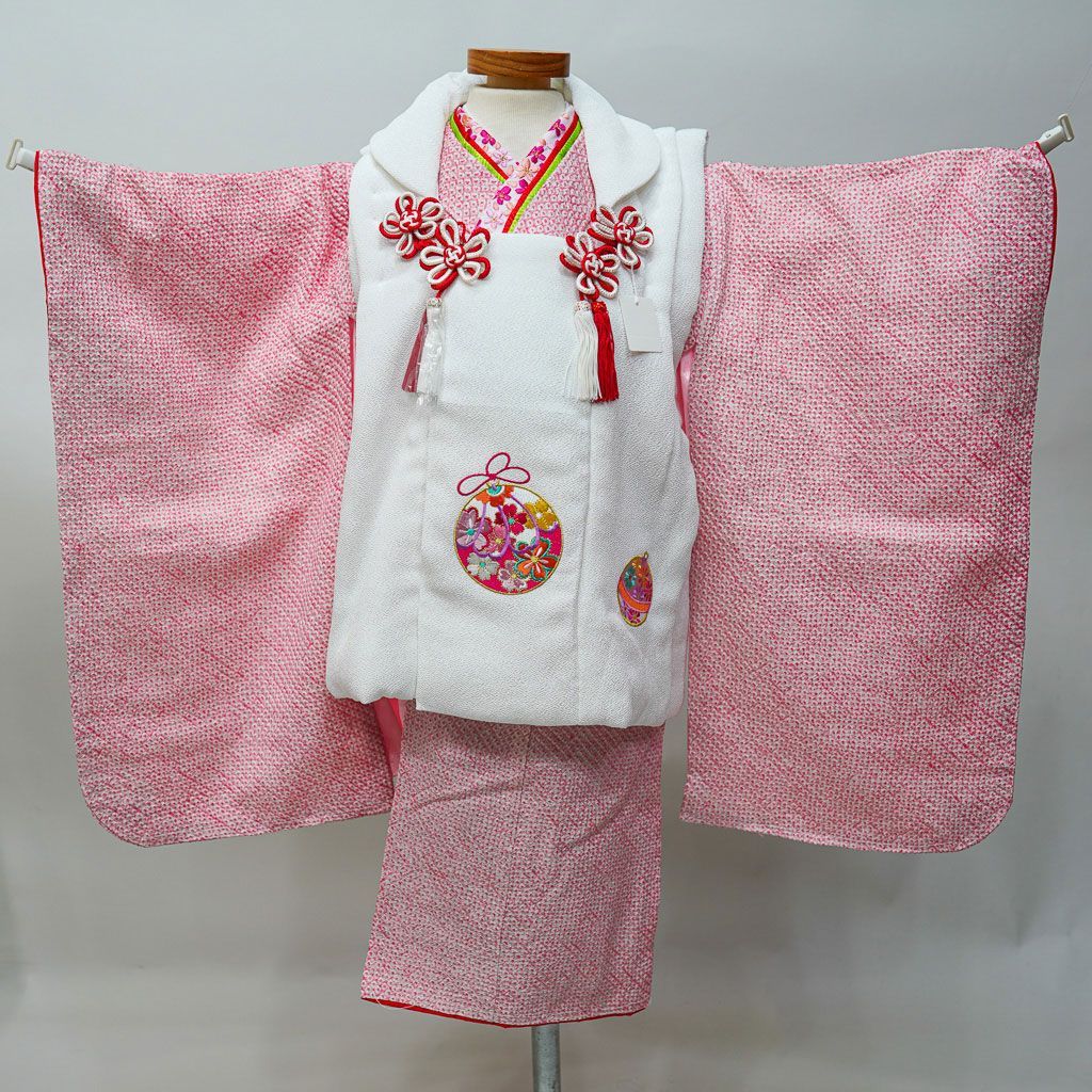 七五三 三歳 女児 正絹 総絞り 被布着物フルセット ピンク×白色 祝着