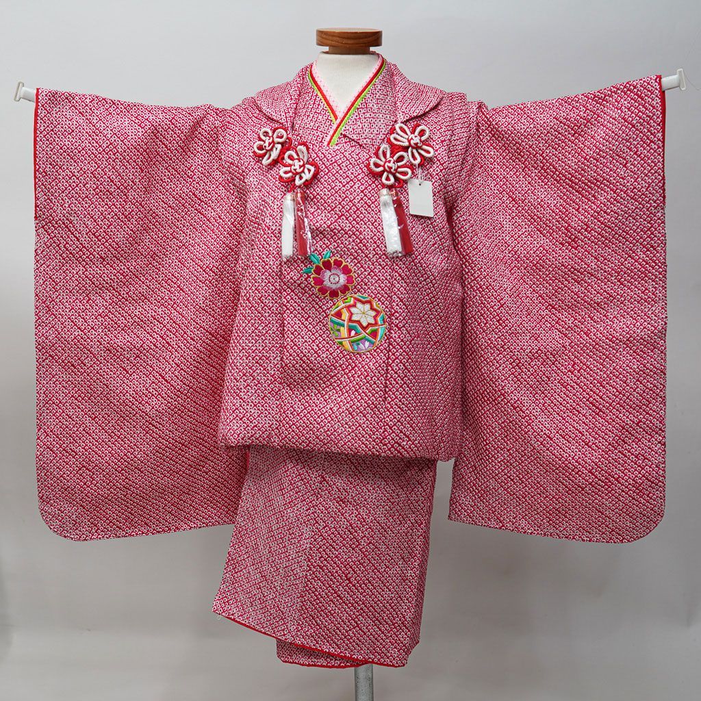 七五三 三歳 女児 正絹 総絞り 被布着物フルセット 赤色 被布に刺繍