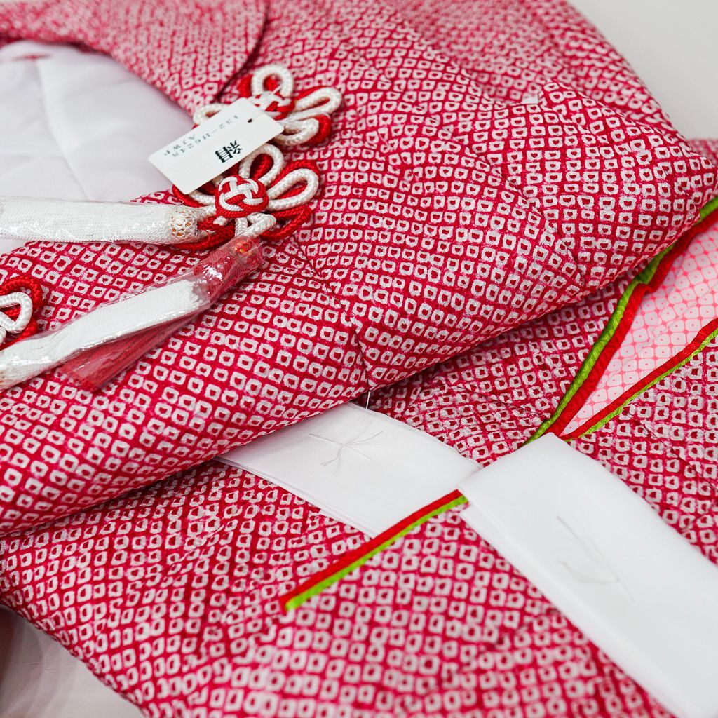 七五三 三歳 女児 正絹 総絞り 被布着物フルセット 赤色 被布に刺繍