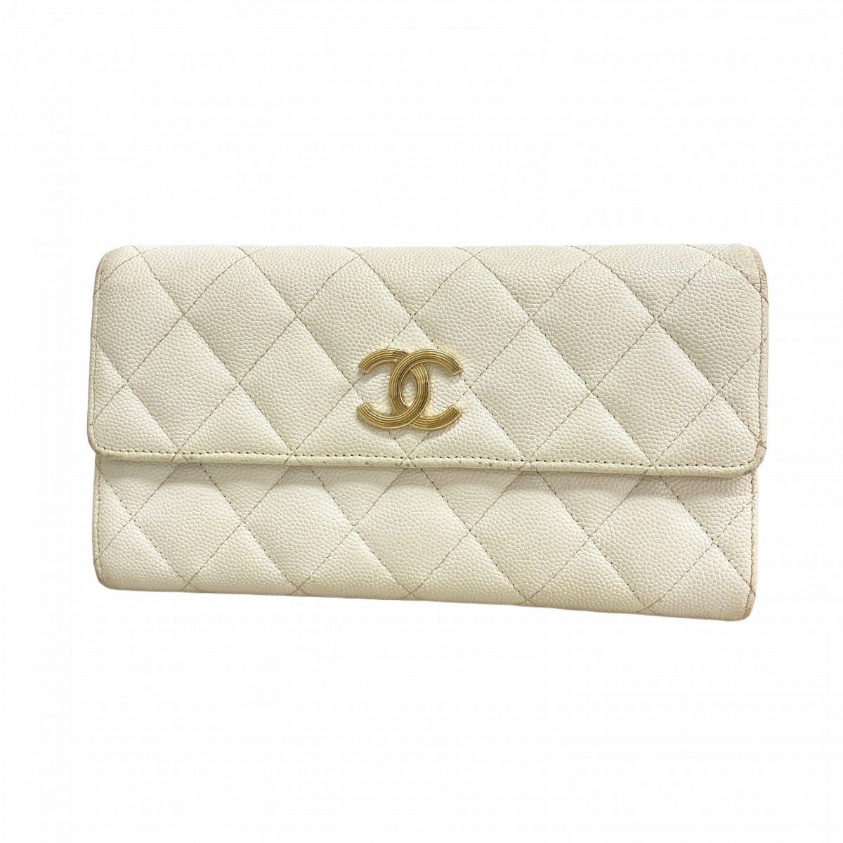 5pd6166】シャネル 長財布 マトラッセ キャビアスキン ホワイト