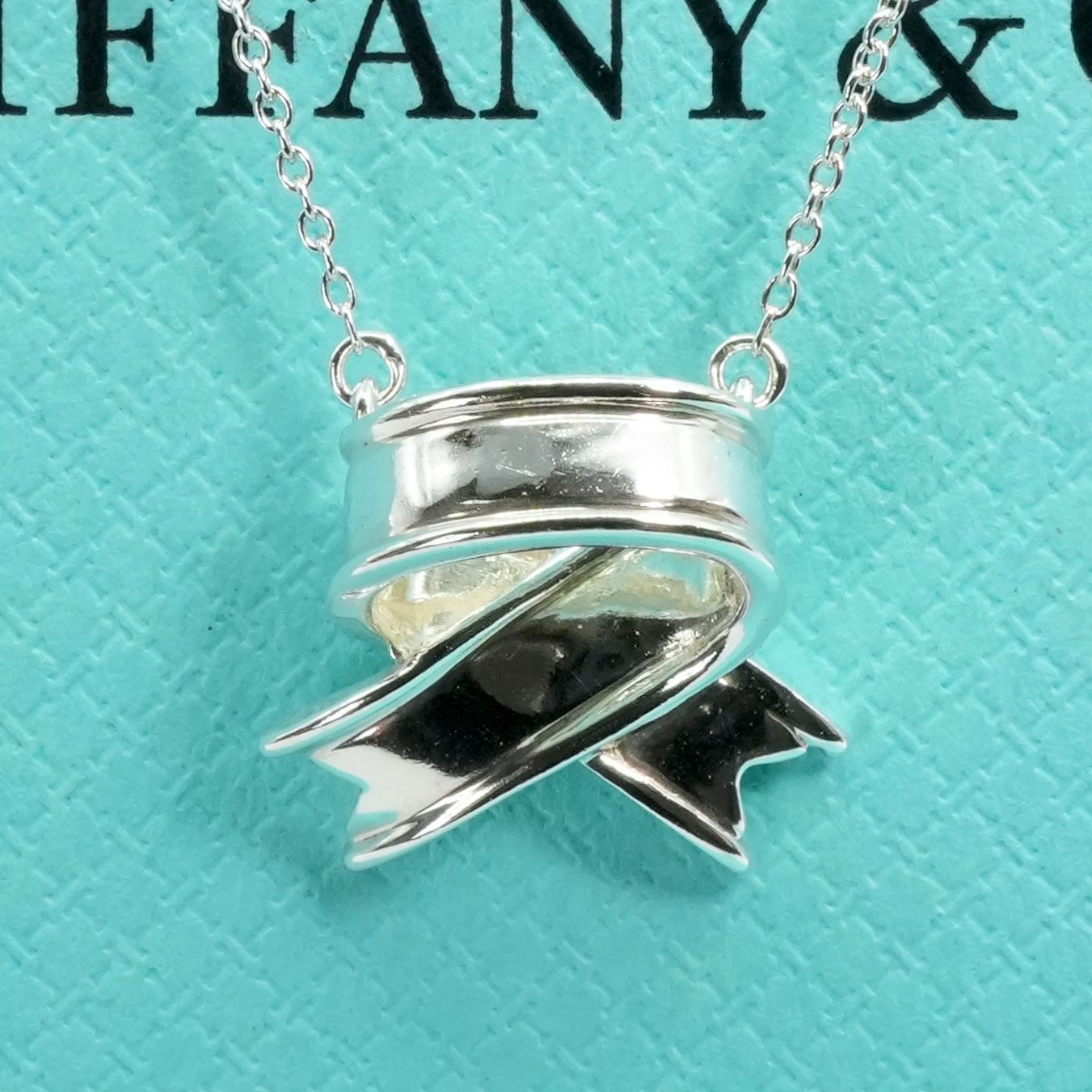 極美品ティファニー リボン シルバーネックレス ボウ ペンダント/25