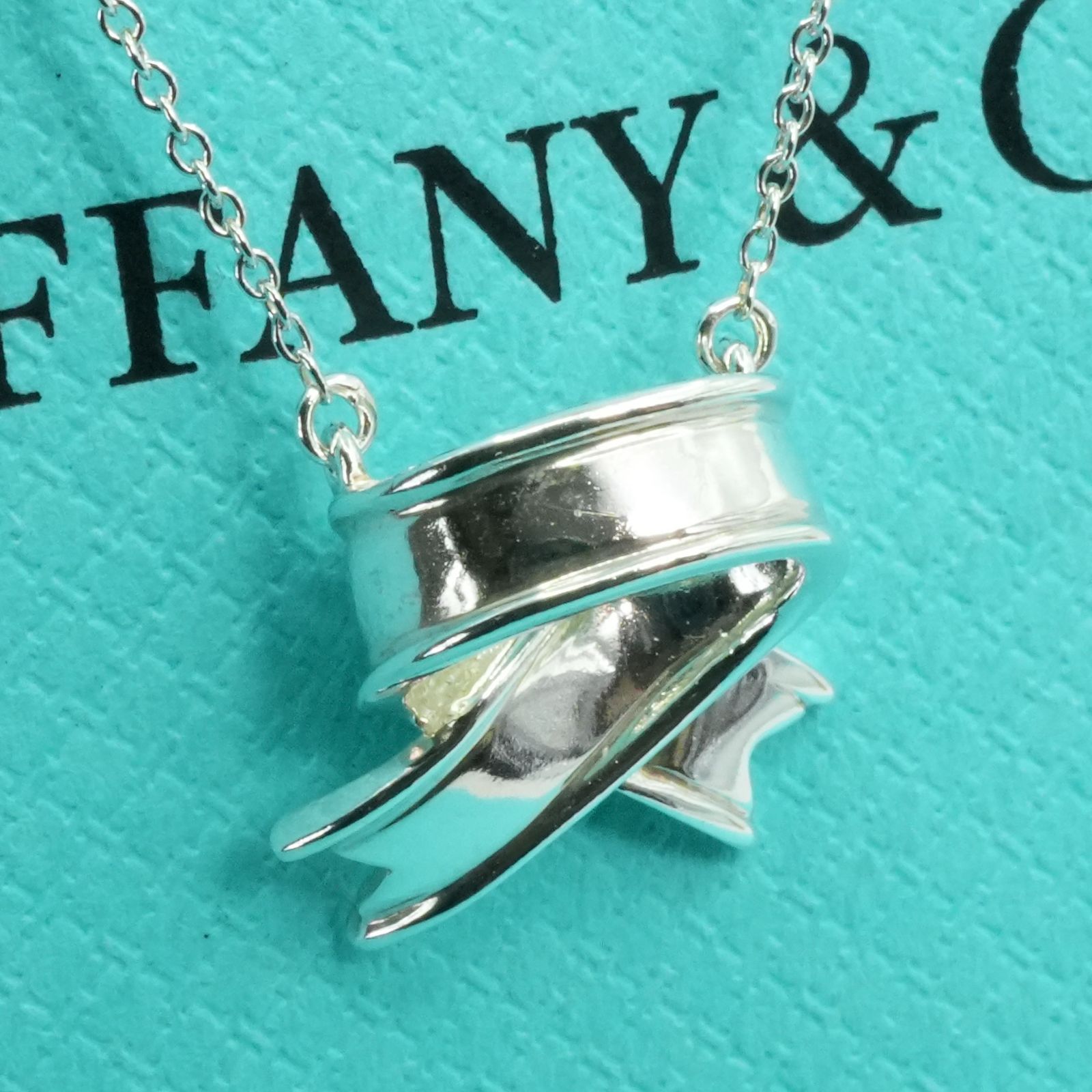 極美品ティファニー リボン シルバーネックレス ボウ ペンダント/25