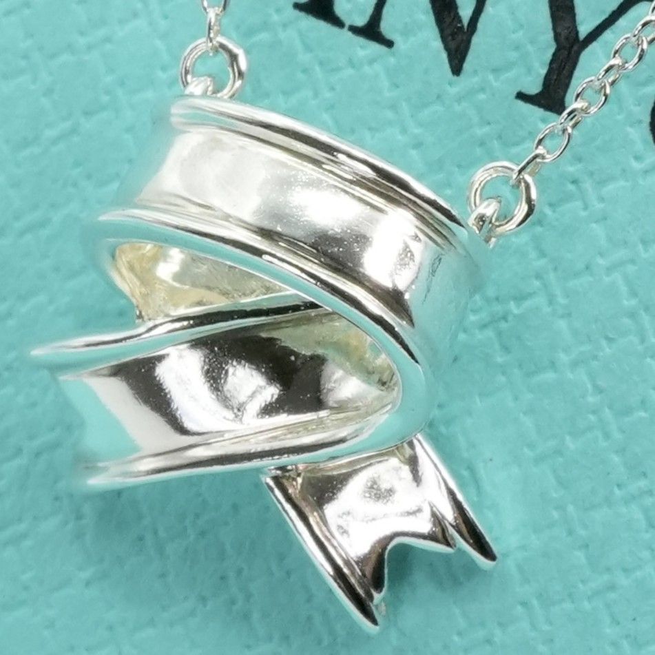 極美品ティファニー リボン シルバーネックレス ボウ ペンダント/25